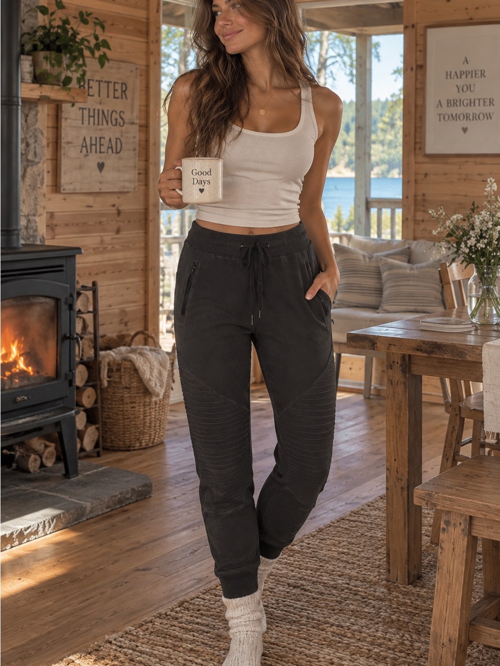 ALO Yoga Black Ribbed-Knee Drawstring Joggers